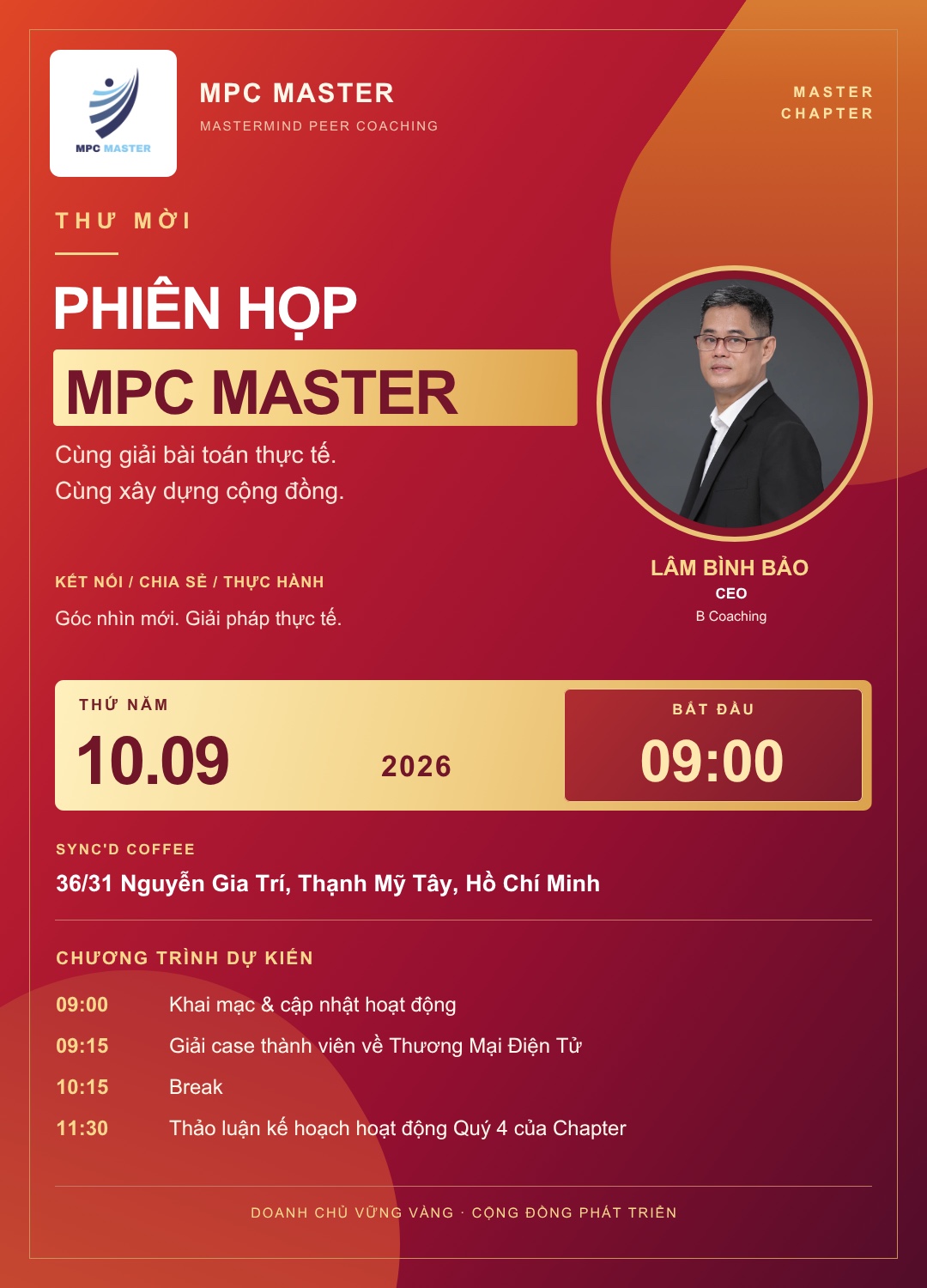Thư mời MPC Master ngày 10.09.2026 dành riêng cho Lâm Bình Bảo, B Coaching; có tên, đơn vị và ảnh khách mời.