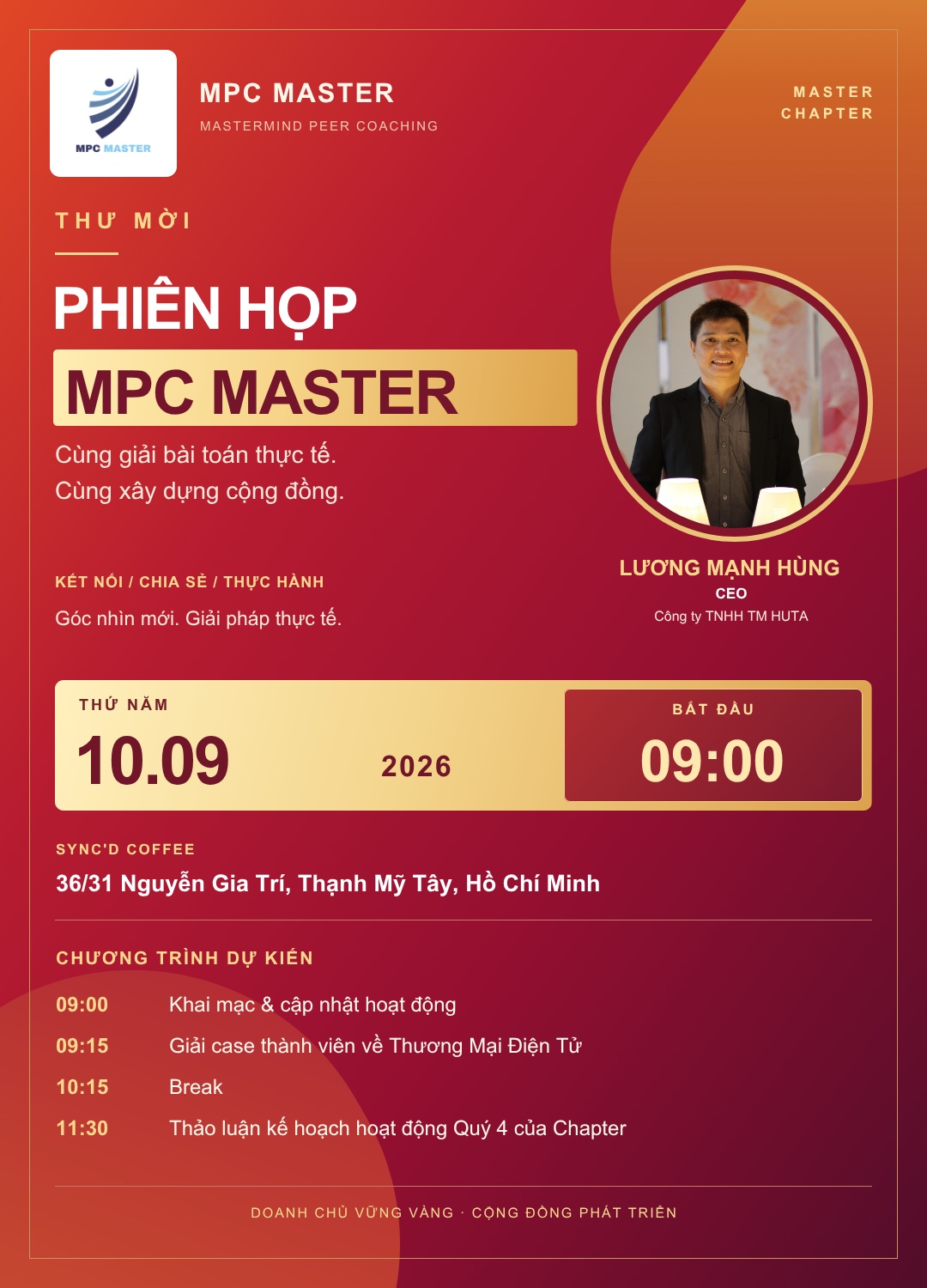 Thư mời MPC Master ngày 10.09.2026 dành riêng cho Lương Mạnh Hùng, Công ty TNHH TM HUTA; có tên, đơn vị và ảnh khách mời.
